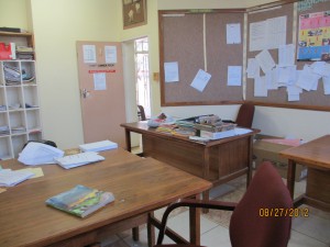 The back desk is mine - which I share with my counterpart.  This is where children come to get counselling.  Not much privacy.  