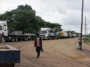 Trucks lined up to cross the River